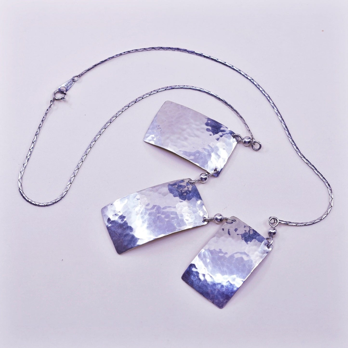 18”, Sterling silver necklace, 925 snake chain hammered rectangular pendant
