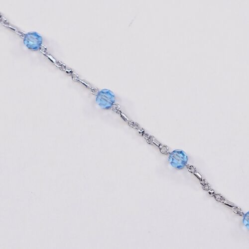 7” Vtg Sterling 925 Silver Handmade Bar Chain bracelet W/ Blue Crystal