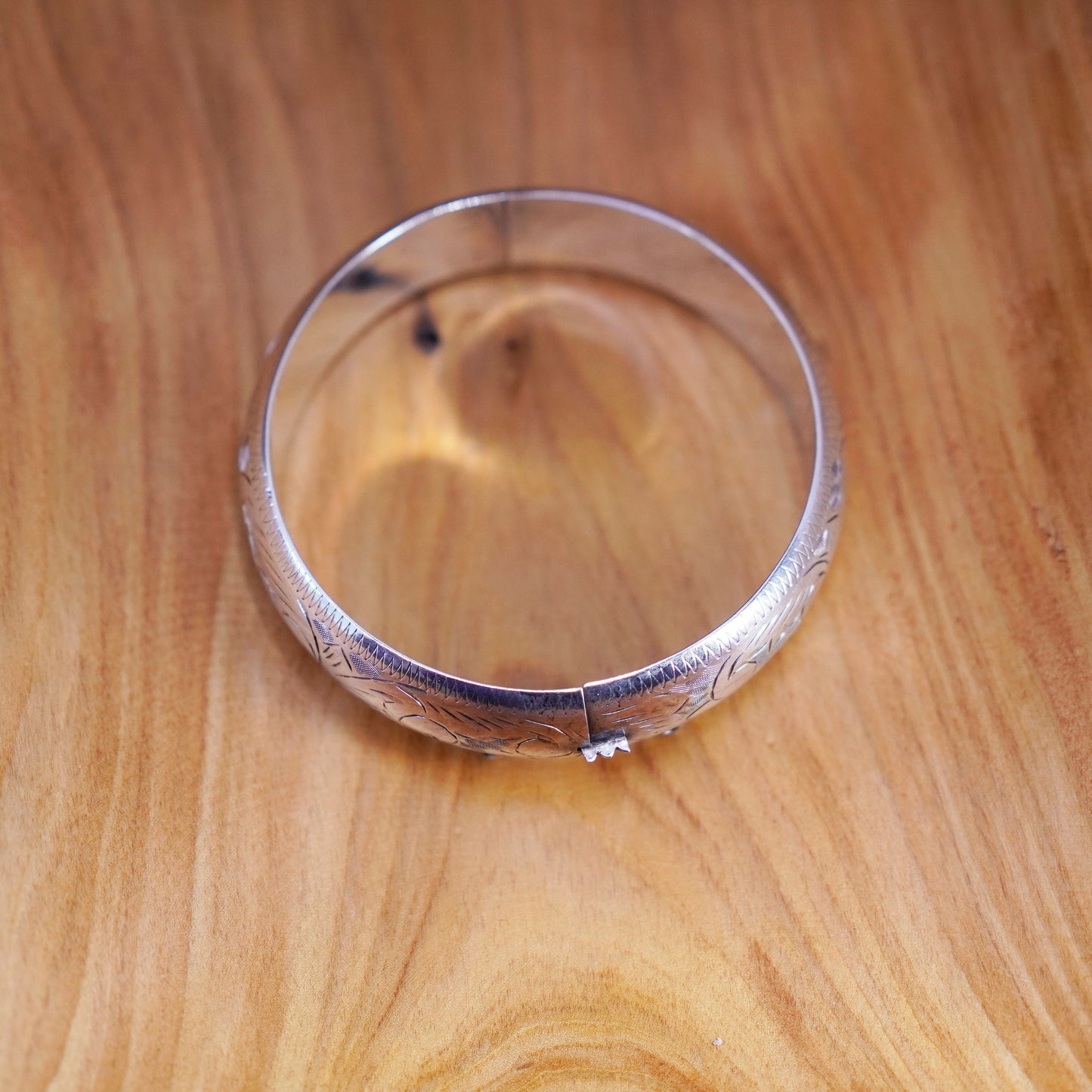 7.25”, Vintage Sterling silver handmade bracelet, textured 925 hinged bangle