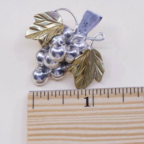 Two Tone Sterling Silver Handmade Grapes Earrings, Mexico 925 Studs W/ Leaf Vine