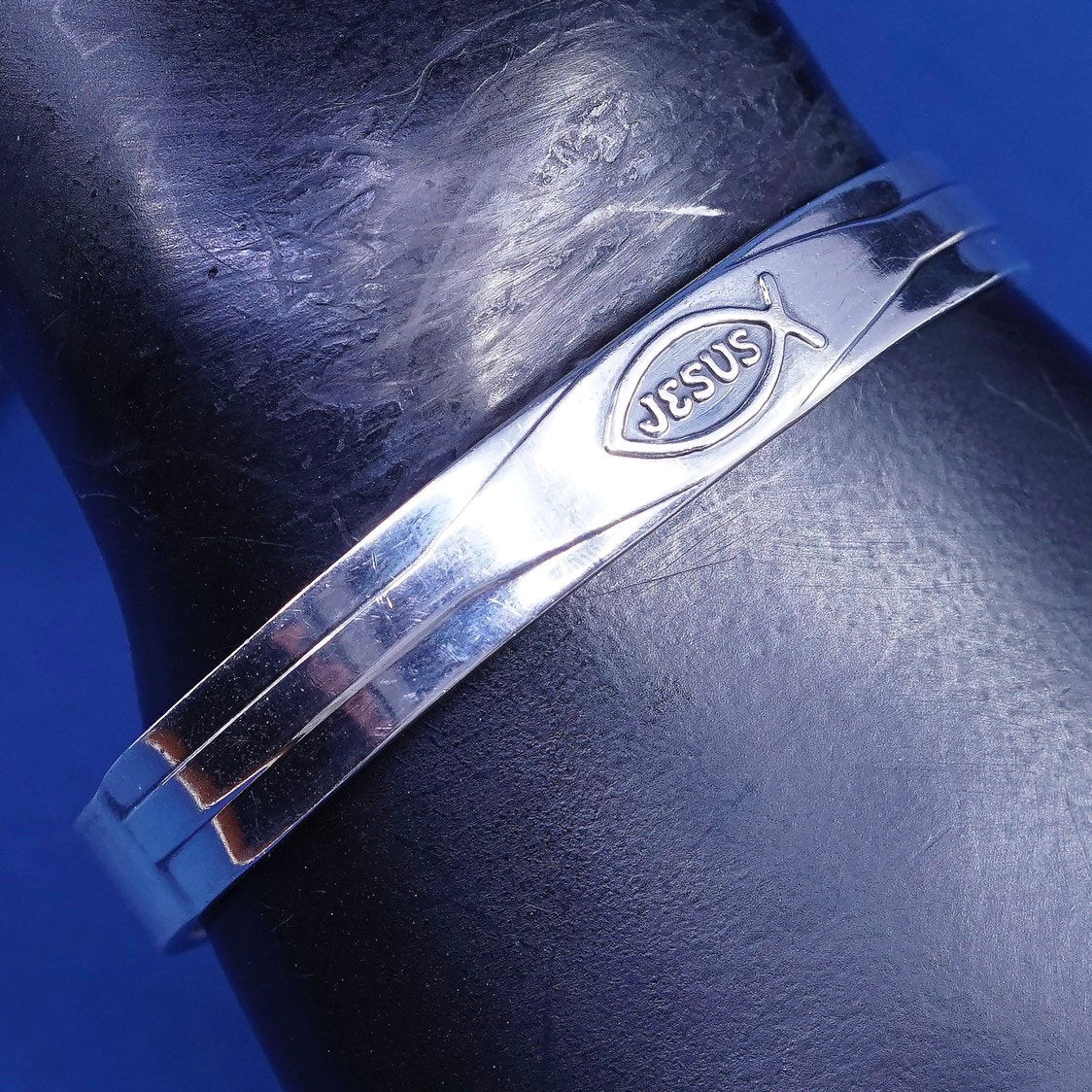 6.5", sterling silver handmade bracelet, Southwestern 925 cuff “Jesus” N fish