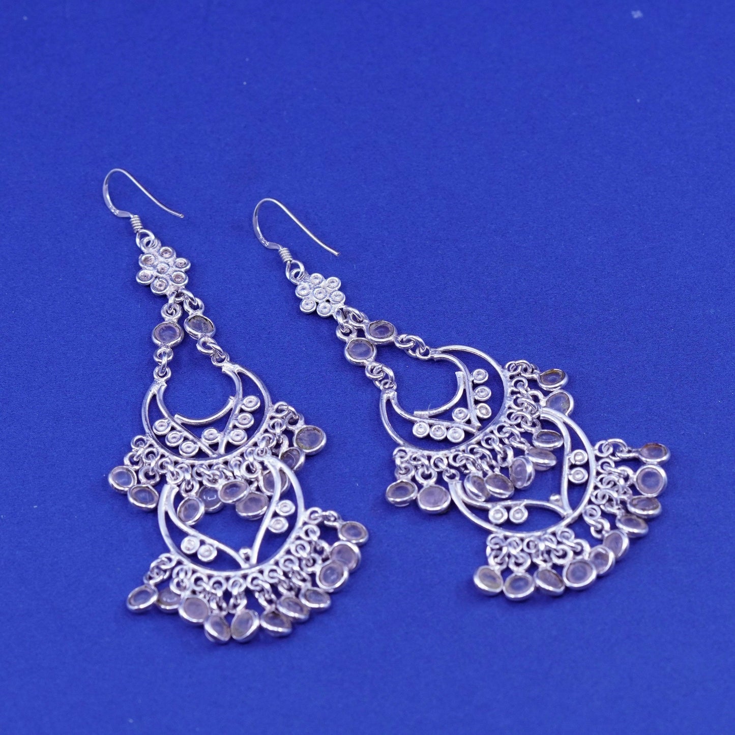 Sterling 925 silver handmade long filigree bead earrings pink quartz cluster