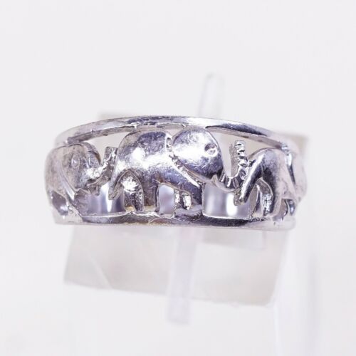 Sz 7, Vtg Sterling Silver Handmade Ring 925 Silver Elephant Band, Stamped 925