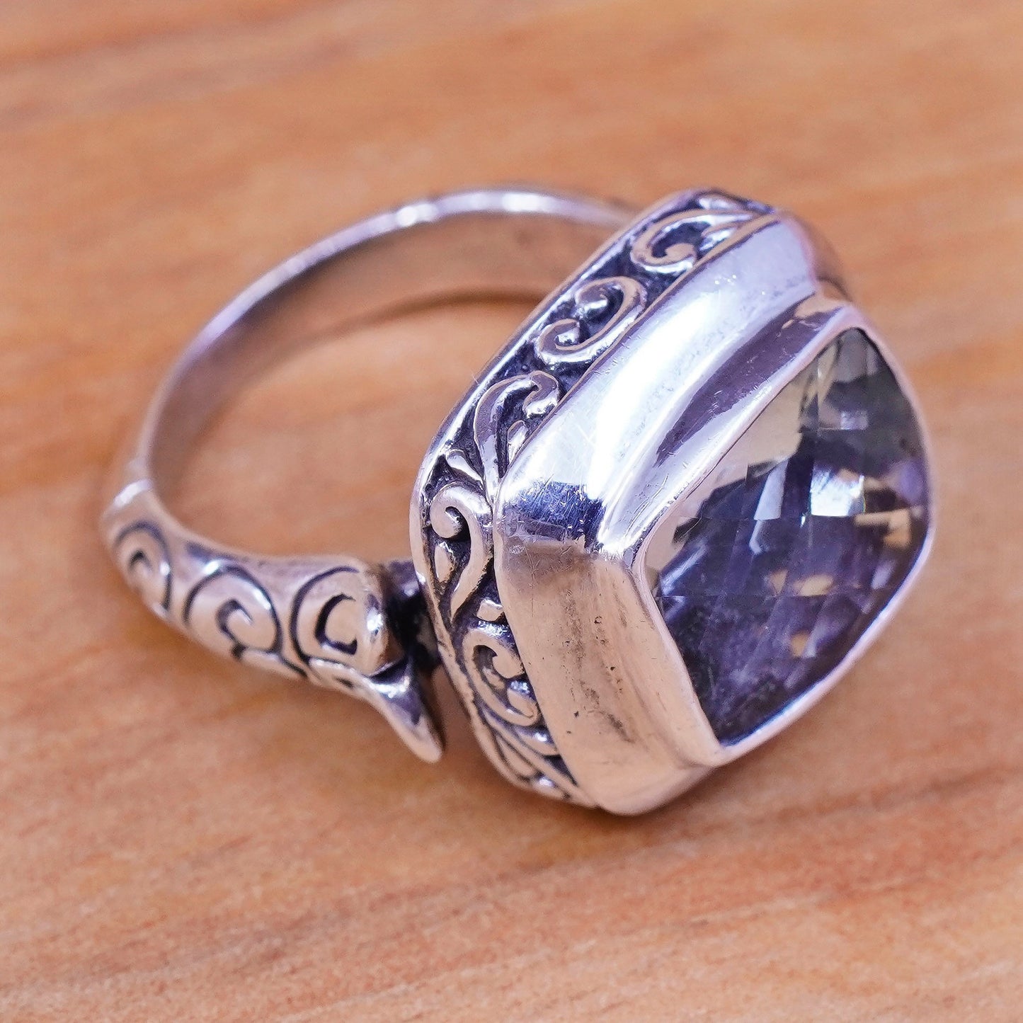 sz 5.75, AF Sterling silver handmade ring, textured 925 leafy band chrysoberyl