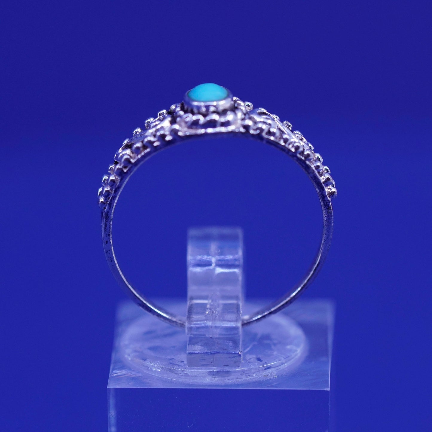 Size 8, vintage sterling silver handmade ring, 925 filigree band with blue onyx