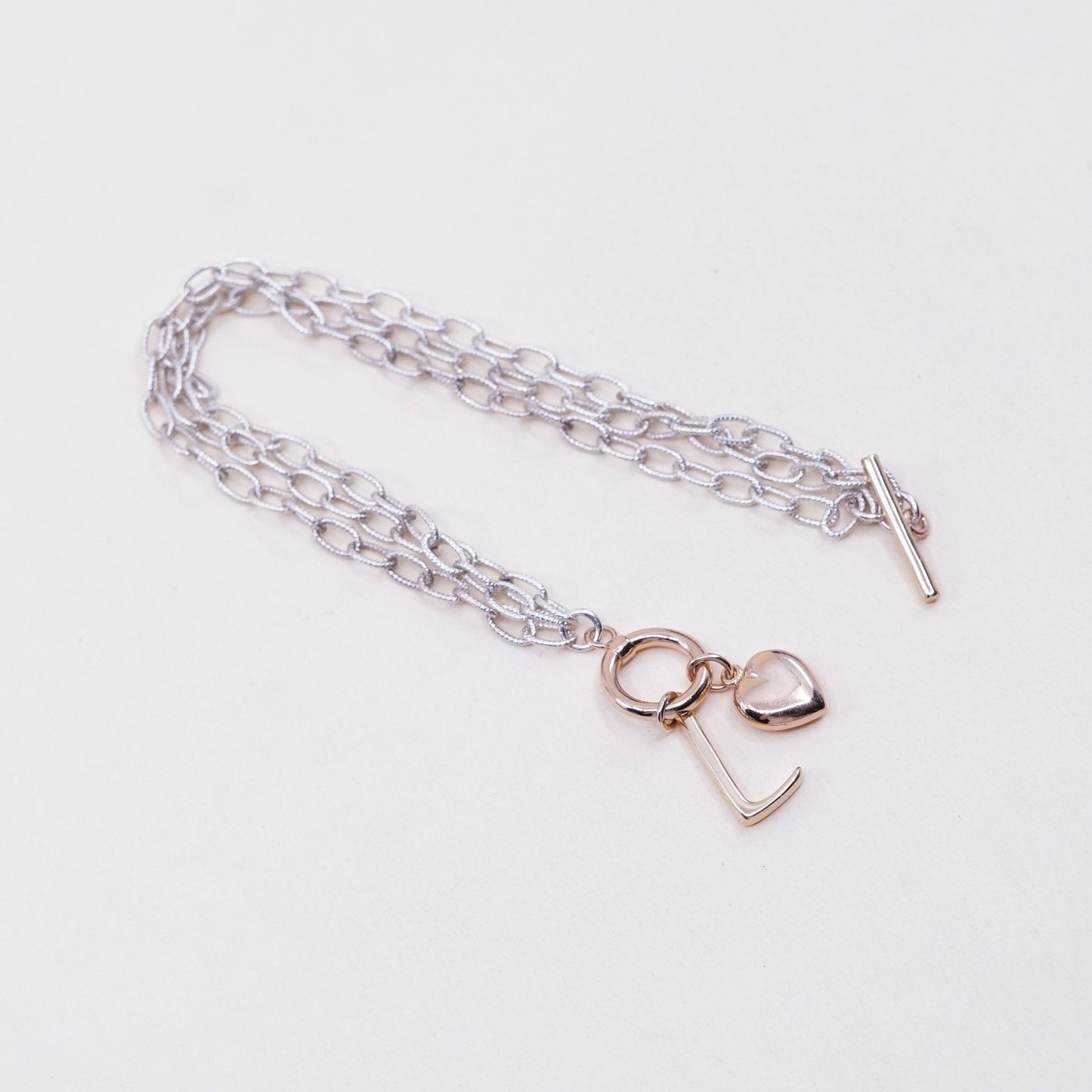 7”, sterling silver circle bracelet, 925 oval chain w/ rose gold heart J charm