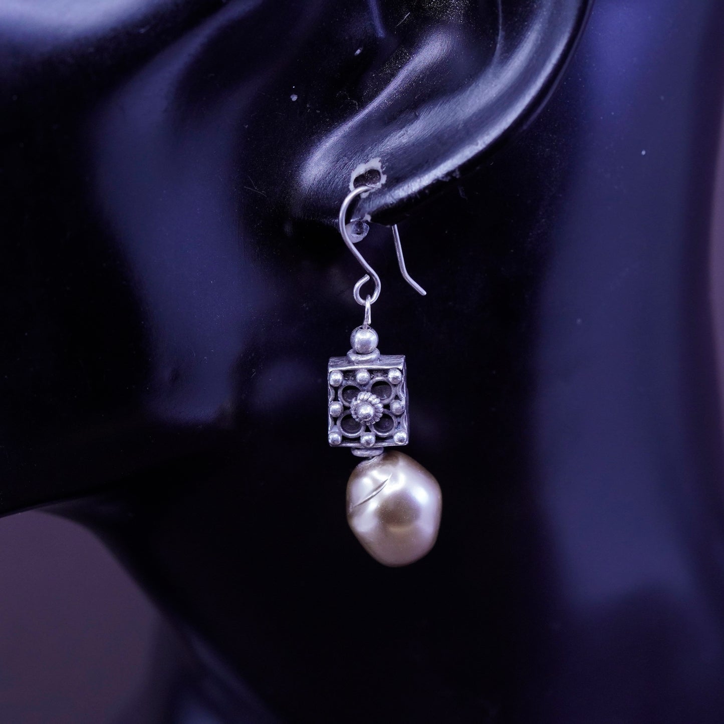 Vintage sterling silver handmade earrings, 925 beads with pearl drops