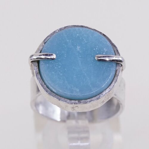 Sz 8, Vtg Sterling Silver Handmade Ring, 925 Silver Ring W/ Round Larimar