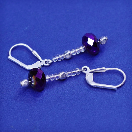Vintage sterling 925 silver handmade earrings, with purple crystal