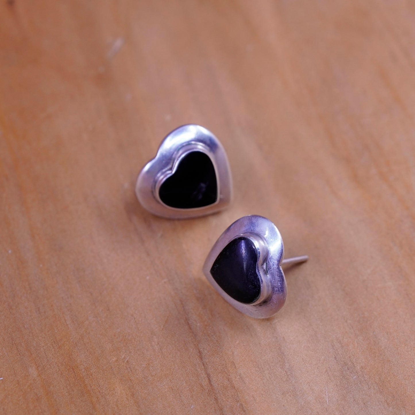 Vintage mexico Sterling silver handmade earrings, 925 heart studs with obsidian