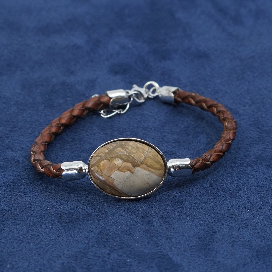 7”+1”, vtg Sterling silver handmade bracelet, 925 bangle w/ brown leather