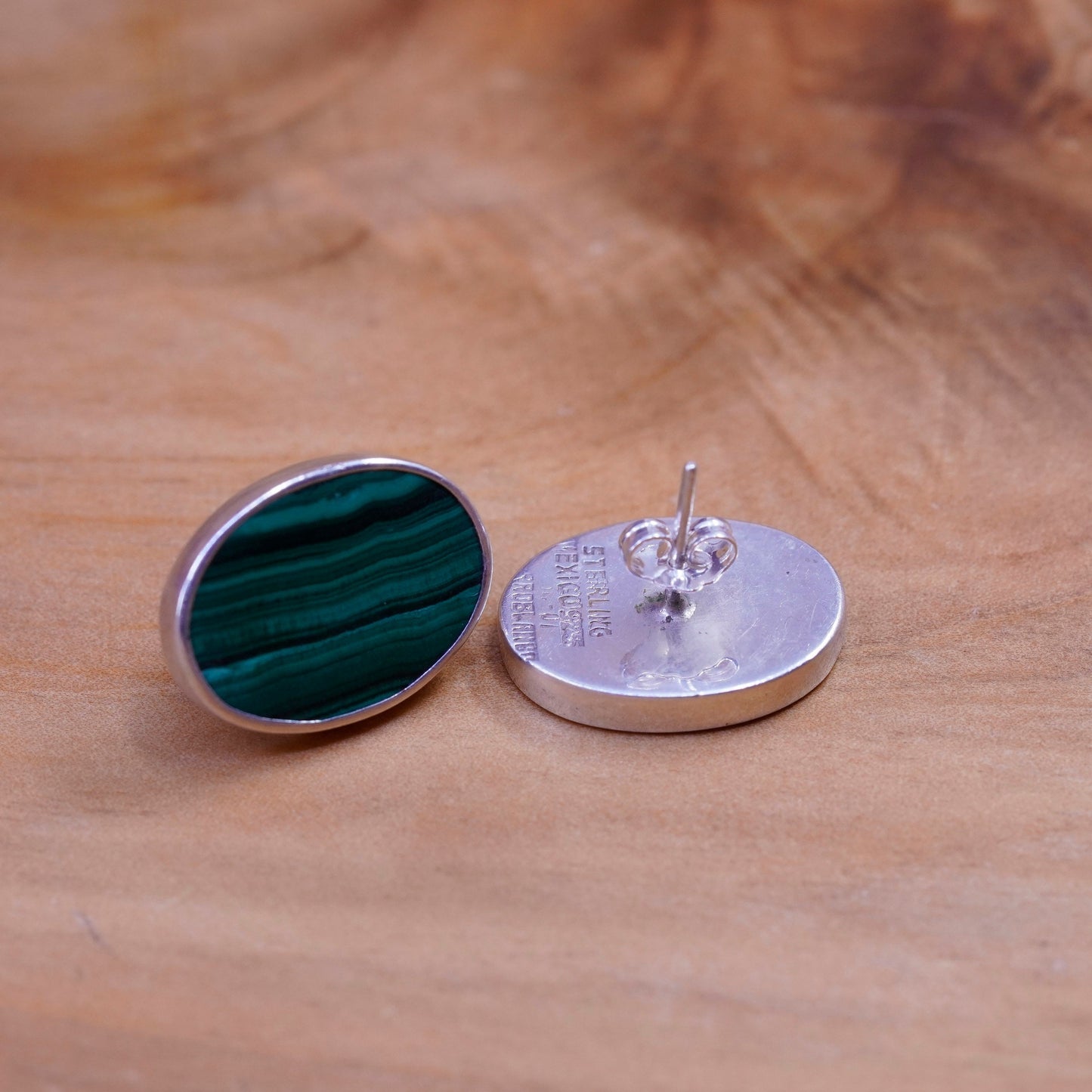 Mexico cerro blanco Sterling silver handmade earrings, 925 oval studs malachite