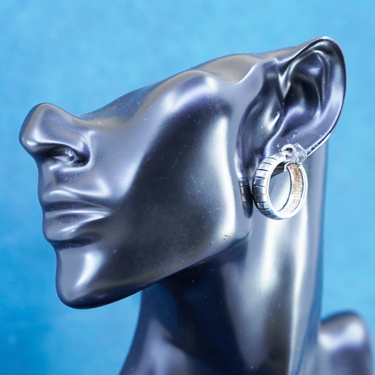 0.75”, vintage Sterling silver handmade hoop earrings, 925 ribbed huggie