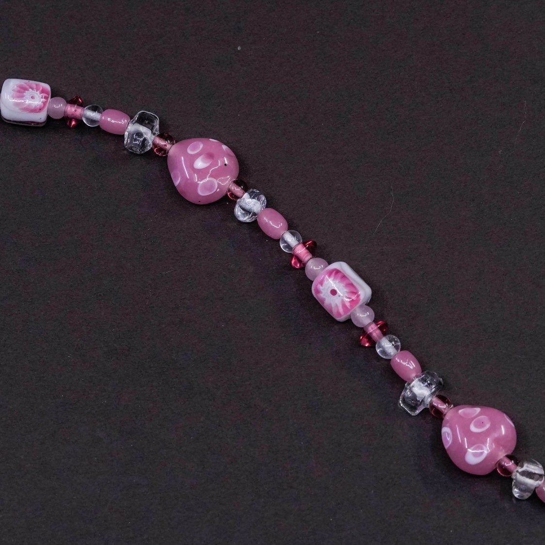 6”, vtg handmade pink artisan glass bead bracelet w/ 925 silver clasp