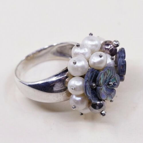 Sz 8.5, vintage Sterling 925 Silver Ring W/ Abalone flower N cluster Pearl