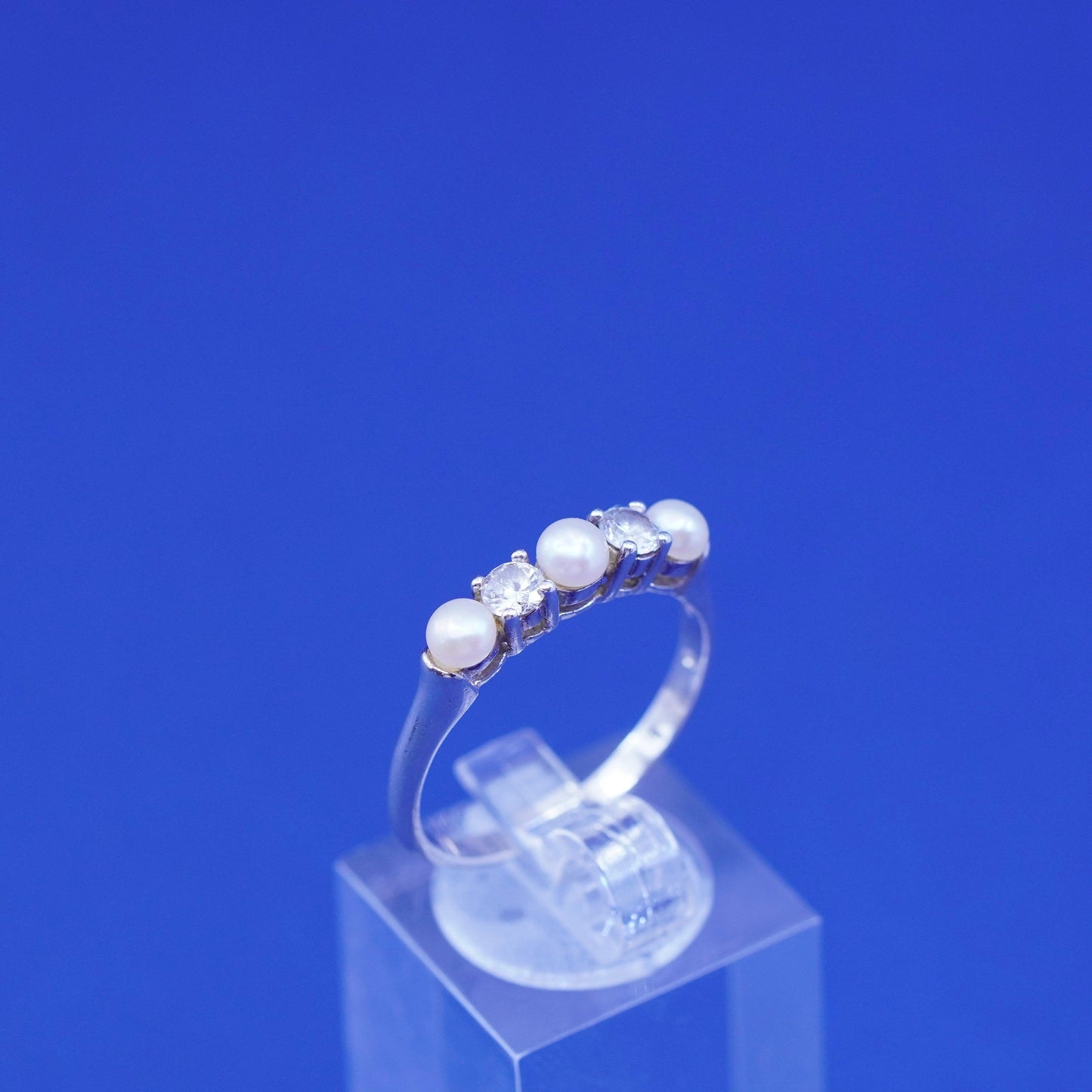 Size 9.5, vintage sterling silver handmade ring, 925 band with pearls and Cz