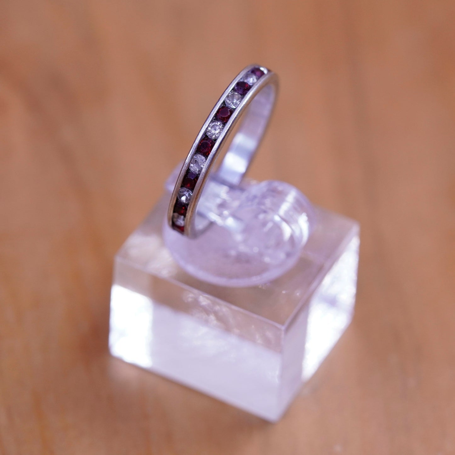 Size 7.25, vintage Sterling silver handmade ring, 925 band with ruby and cz