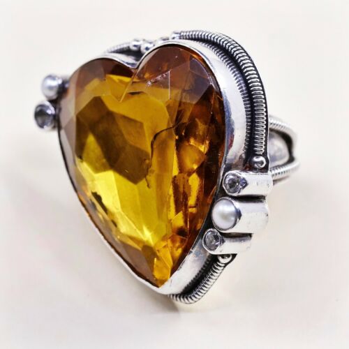 Sz 8, Vtg Massive Cocktail Mars And Valentine Huge Sterling Yellow Crystal Ring