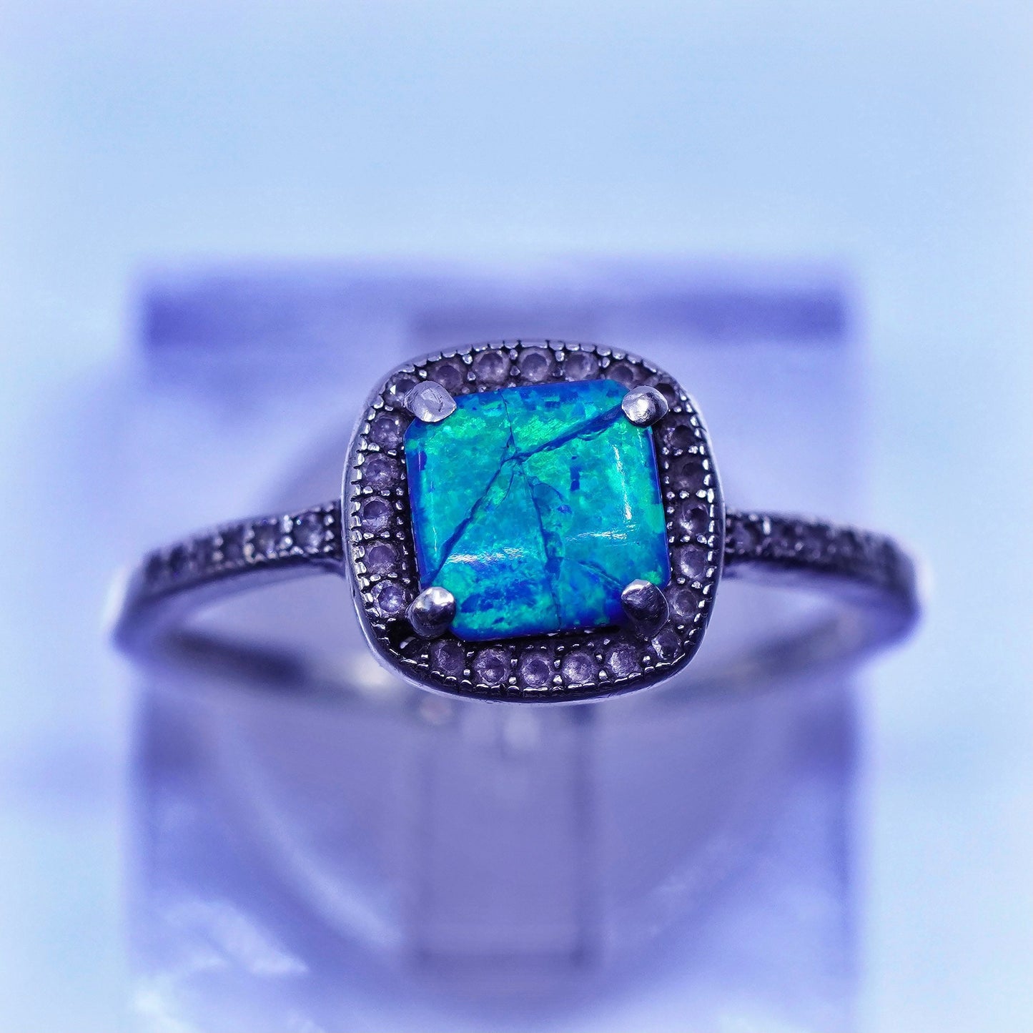 Size 7.5, vintage Sterling 925 silver handmade ring with opal and cz
