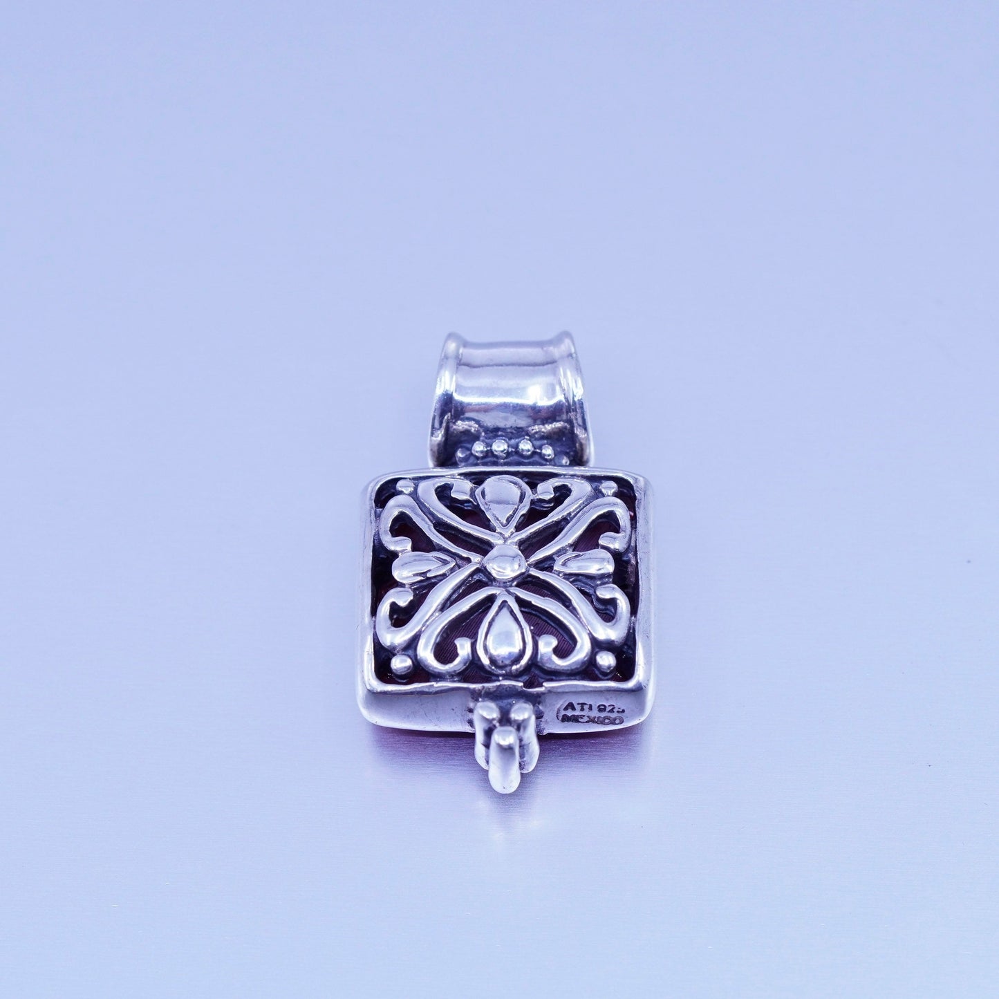 antique sterling 925 silver handmade Bali double sided pendant with red jasper