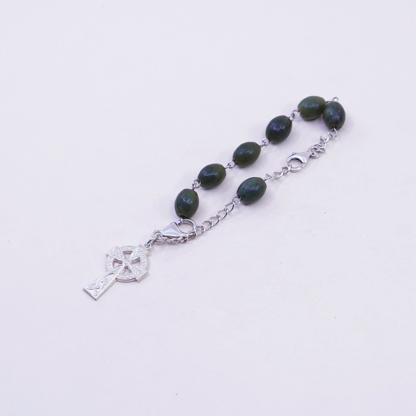6.25”, vtg sterling silver snake bracelet, 925 chain jade Irish cross charms