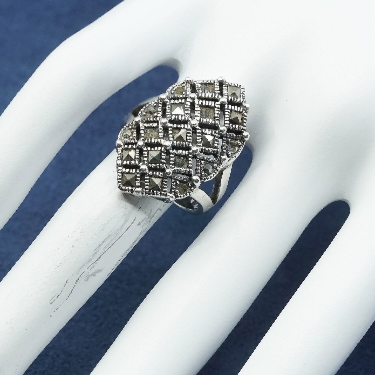 sz 6.5, vtg Sterling silver handmade ring, 925 band w/ marcasite