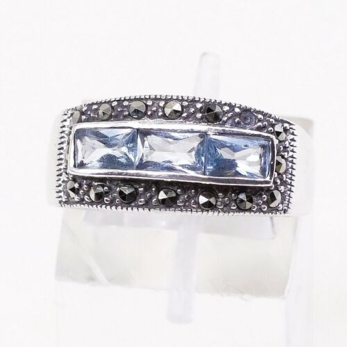 Sz 7, Sterling Silver handmade Ring, 925 Silver Band W/ sapphire n marcasite