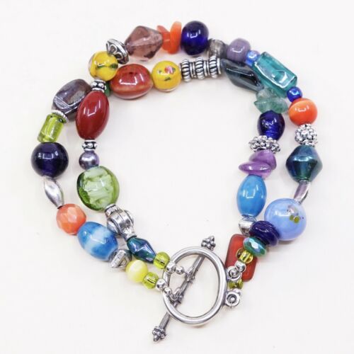 7”, Vtg Sterling Silver Handmade Bracelet, 925 Beads W/ Colorful Glass Beads