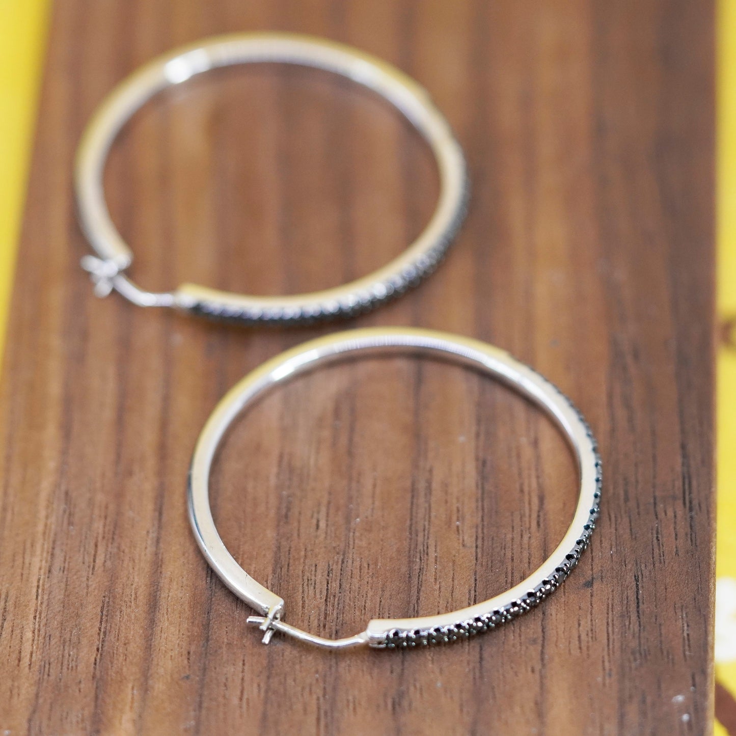 1.5”, Sterling silver hoop earrings, 925 huggie with cluster black diamonds