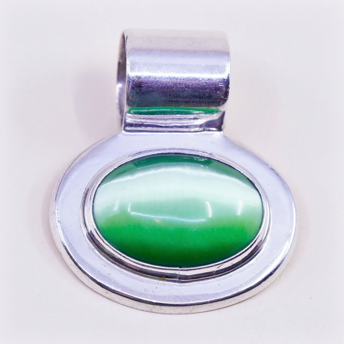 Vintage Mexico sterling 925 silver handmade huge pendant with green tiger eye