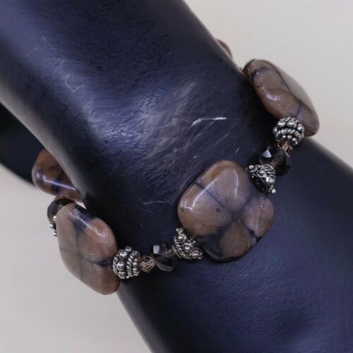 6.75”, Vintage Sterling Silver Handmade Bracelet, 925 Silver Toggle W/ Jasper