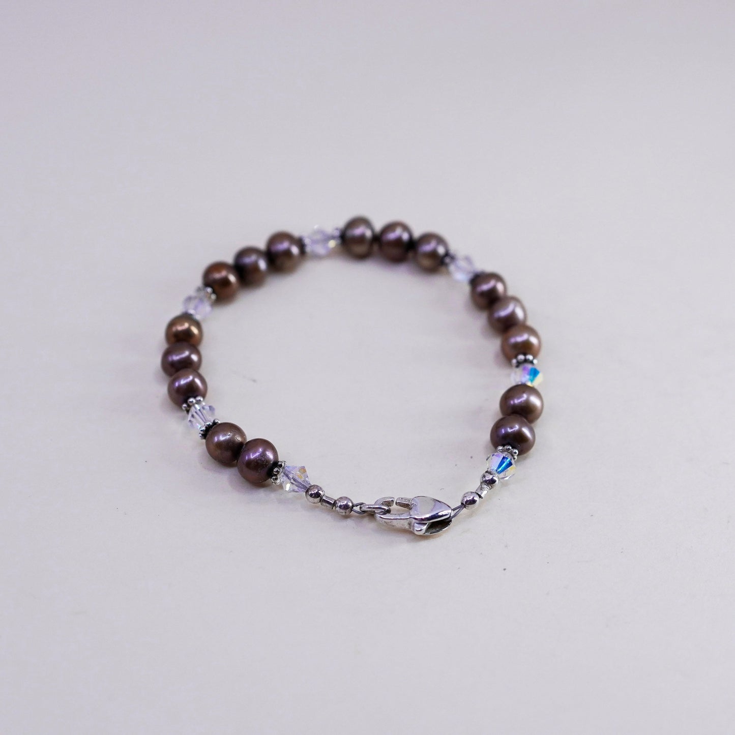 6.5”, Sterling 925 silver handmade bracelet, golden pearl with crystal beads