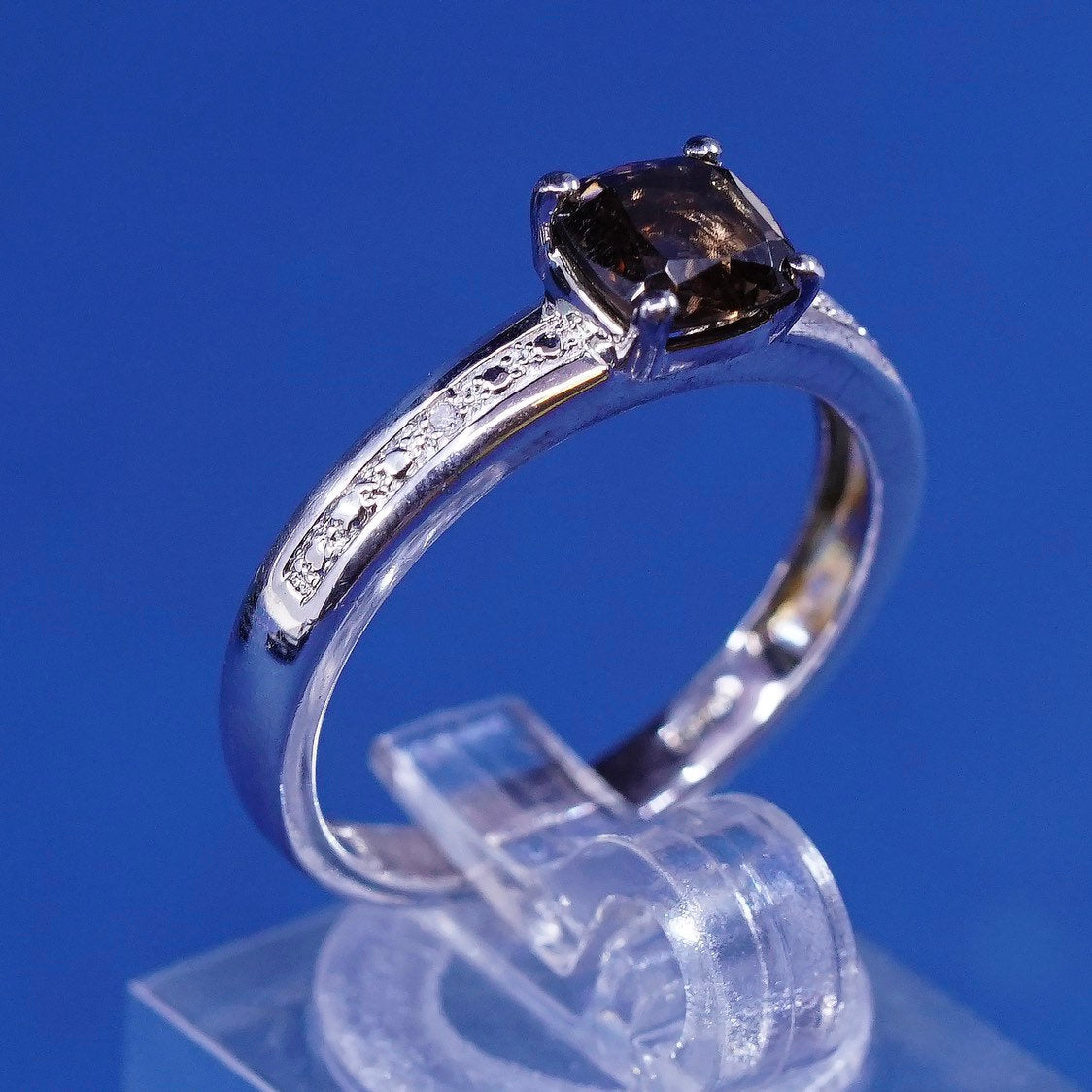 sz 8.25, vtg sterling silver ring, mexico 925 w/ smoky topaz N diamond accent