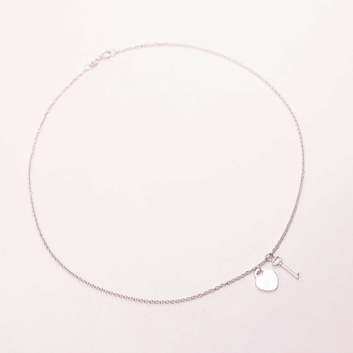 16”, vtg sterling silver handmade necklace, 925 circle chain heart key Pendant