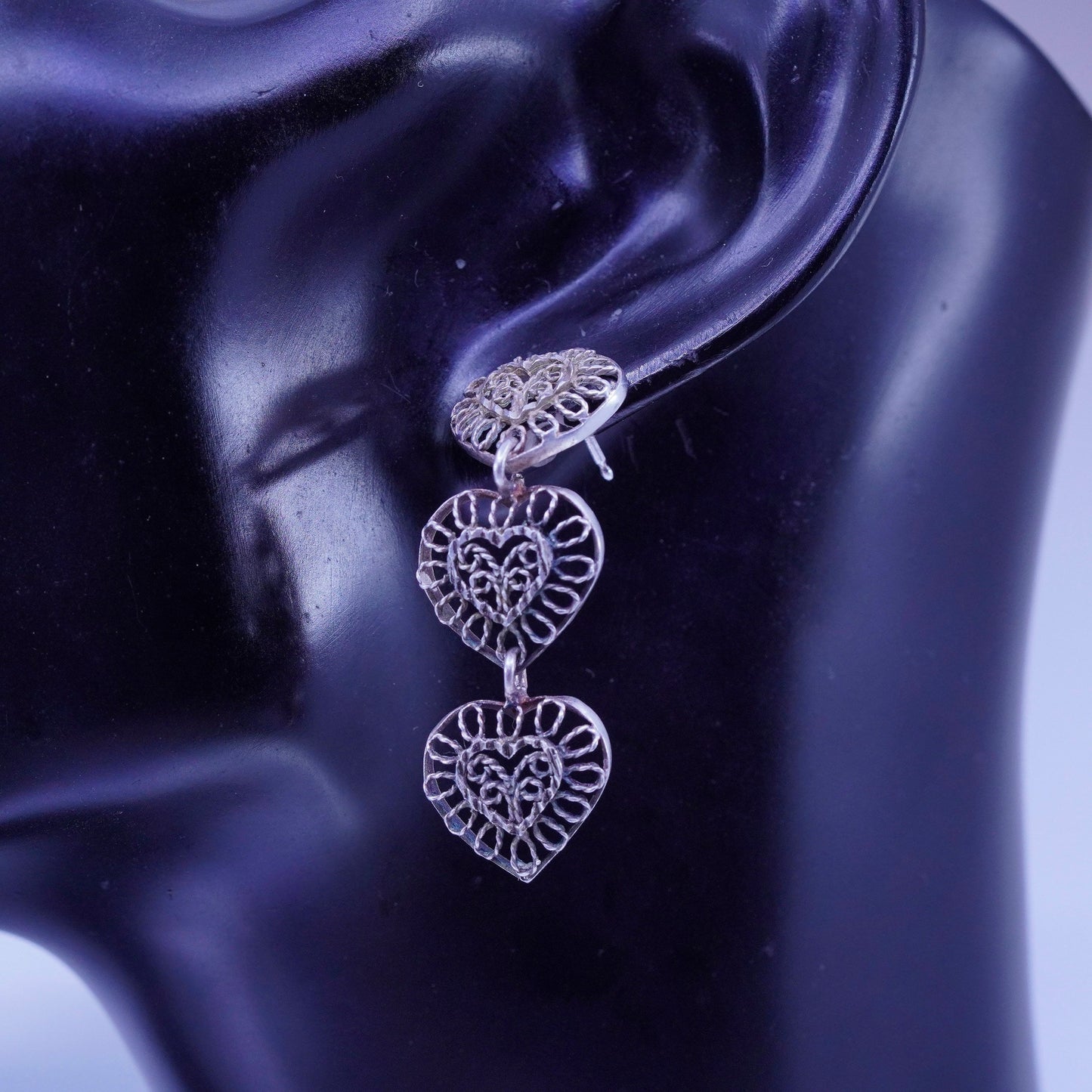 Vintage Sterling 925 silver handmade filigree heart earrings