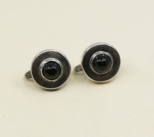 Vtg Sterling 925 Silver Handmade Screw Back Earrings With obsidian