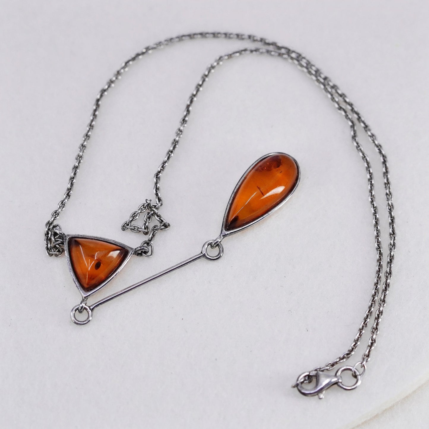 16”, vintage Sterling silver necklace, 925 circle chain with amber pendant