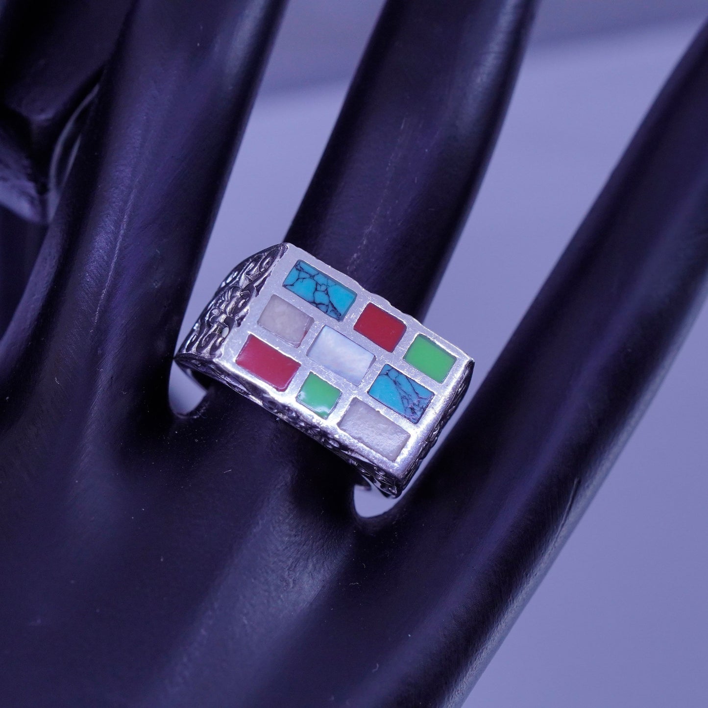 Size 9, vtg Sterling 925 silver handmade ring mother of pearl turquoise onyx