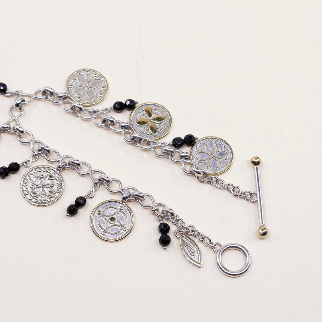 7.25”, VTG 22k gold sterling silver handmade bracelet, 925 circle disk chain