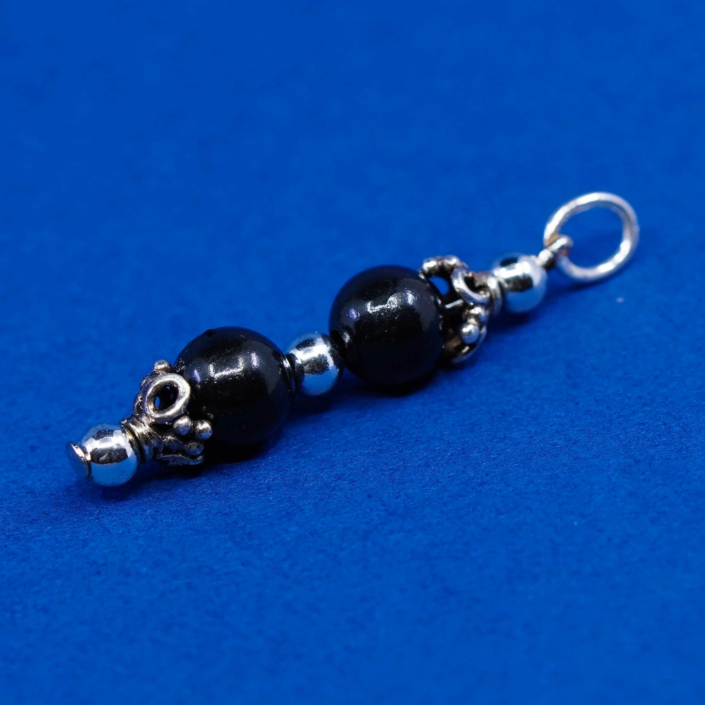 Vintage sterling silver handmade pendant, obsidian bead charm