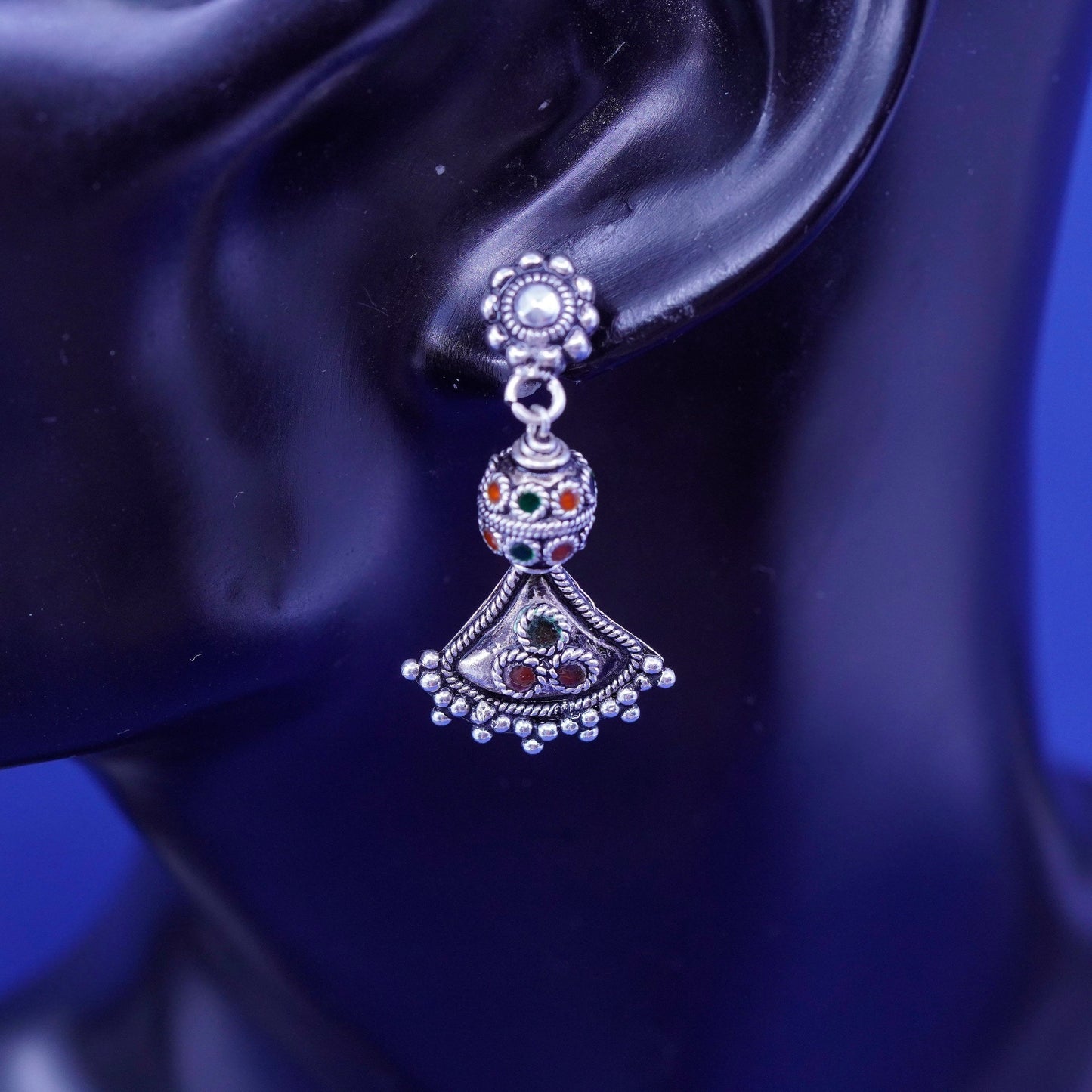 Vintage sterling silver handmade earrings, bali 925 drop with enamel
