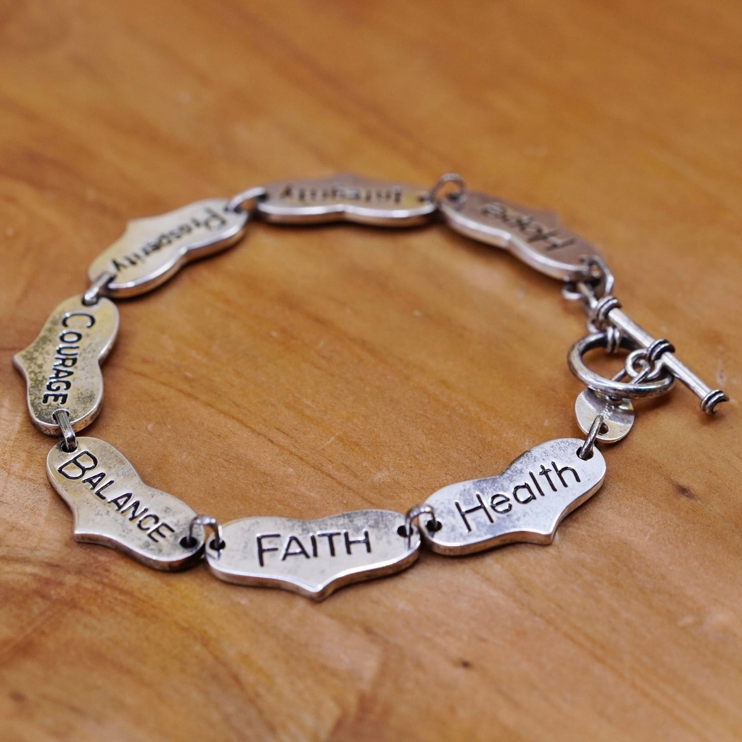 7.5”, Sterling silver bracelet, 925 heart chain “courage, faith, health, hope,