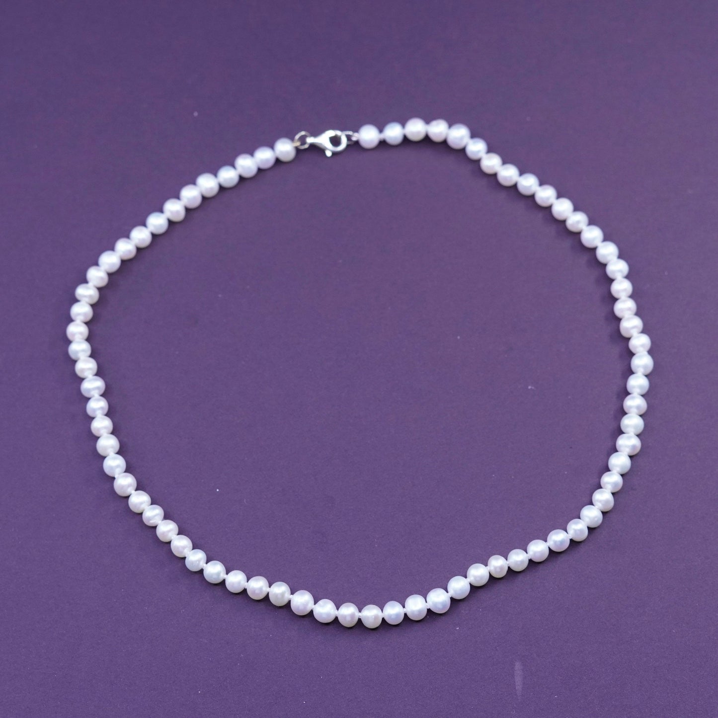 17”, vintage Sterling silver handmade necklace, 925 clasp with 5mm pearl beads
