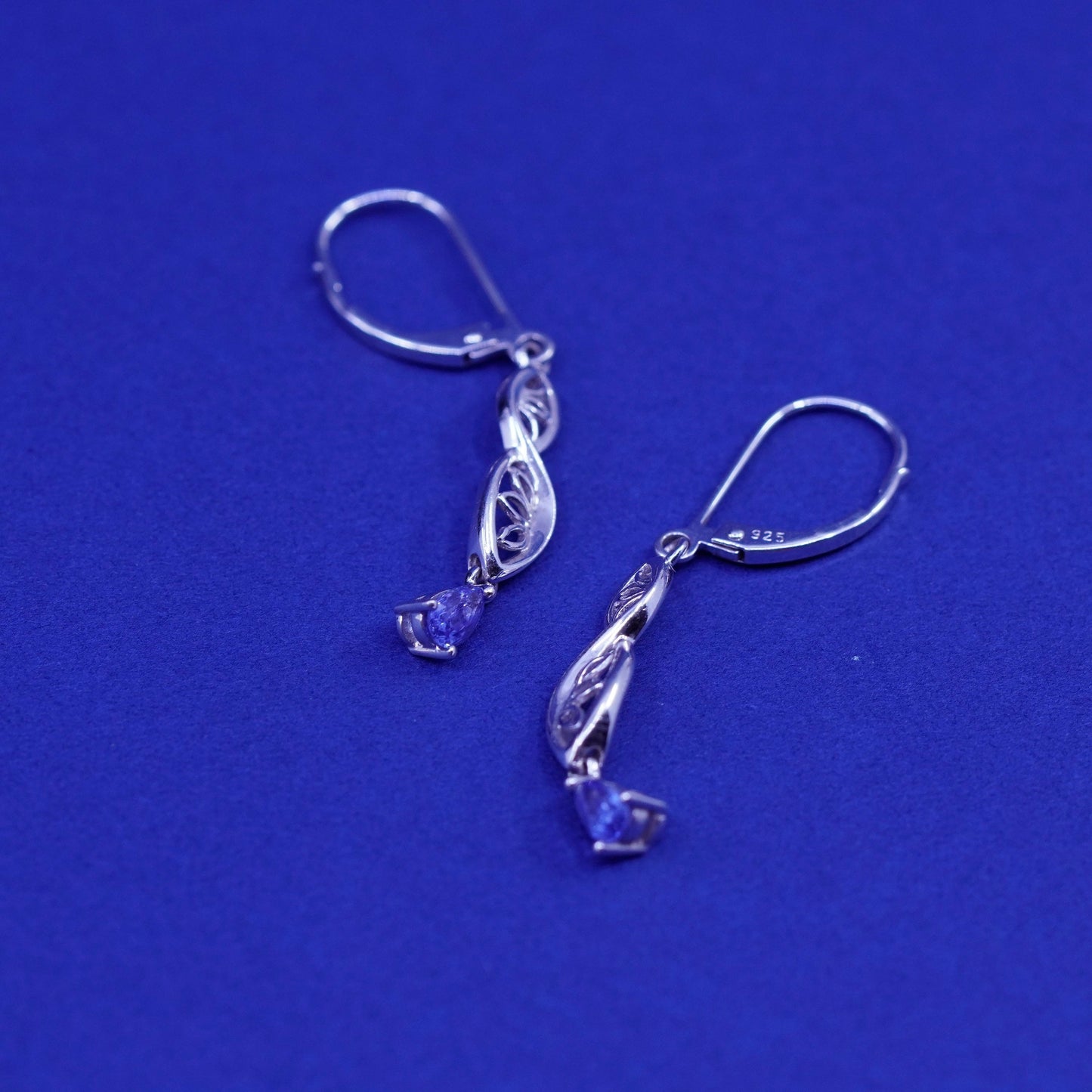 Vintage sterling 925 silver handmade earrings with teardrop blue topaz