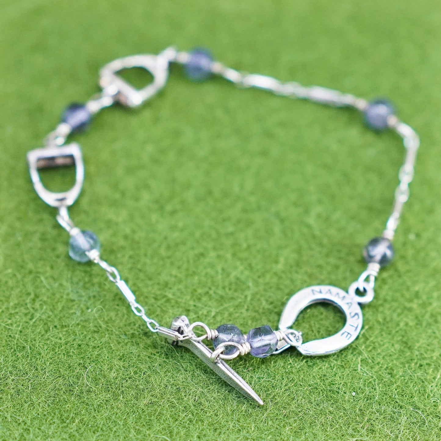 6.5” namaste 925 Sterling silver handmade bracelet, amethyst beads horseshoe