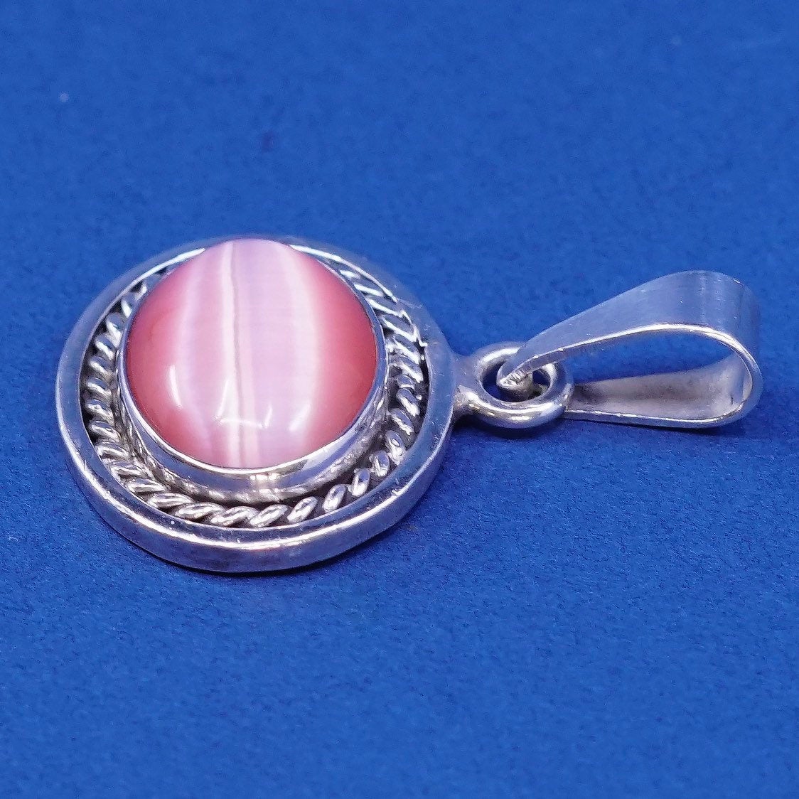 vtg Sterling silver handmade pendant, 925 charm w/ oval pink tiger eye N cable