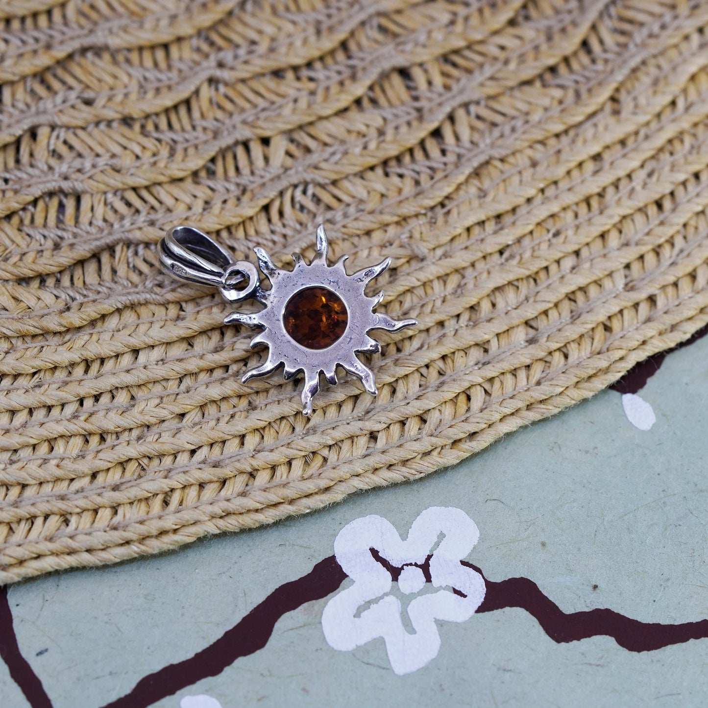 Vintage Sterling 925 silver handmade Sun pendant with Amber