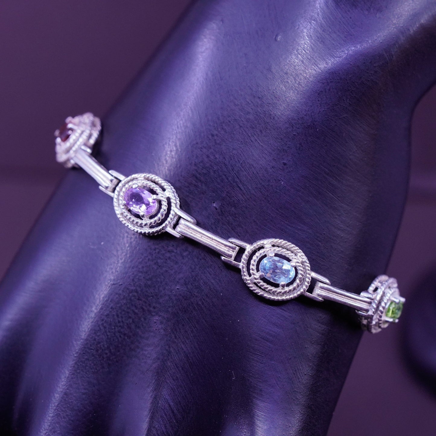 7”, vtg Sterling silver tennis bracelet, 925 bar amethyst topaz peridot citrine