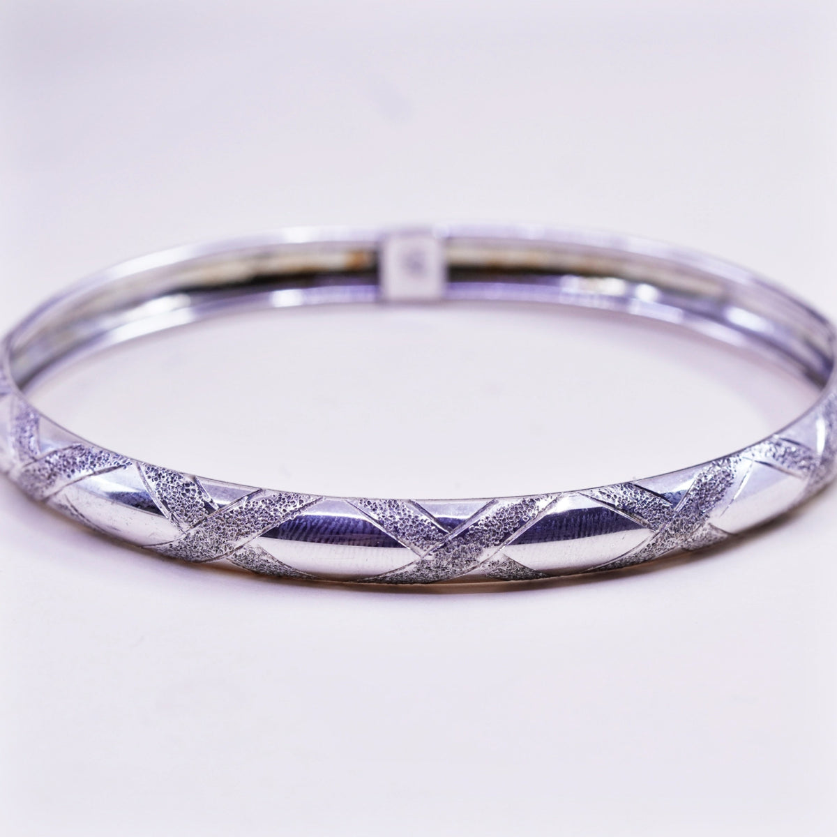 7.5”, vtg sterling silver handmade bracelet, cross textured 925 hinged bangle