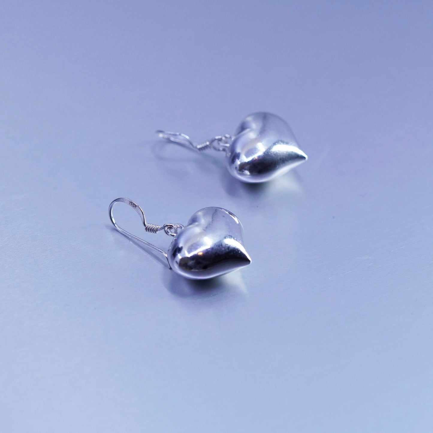Vintage Sterling 925 silver handmade earrings with puffy heart dangles